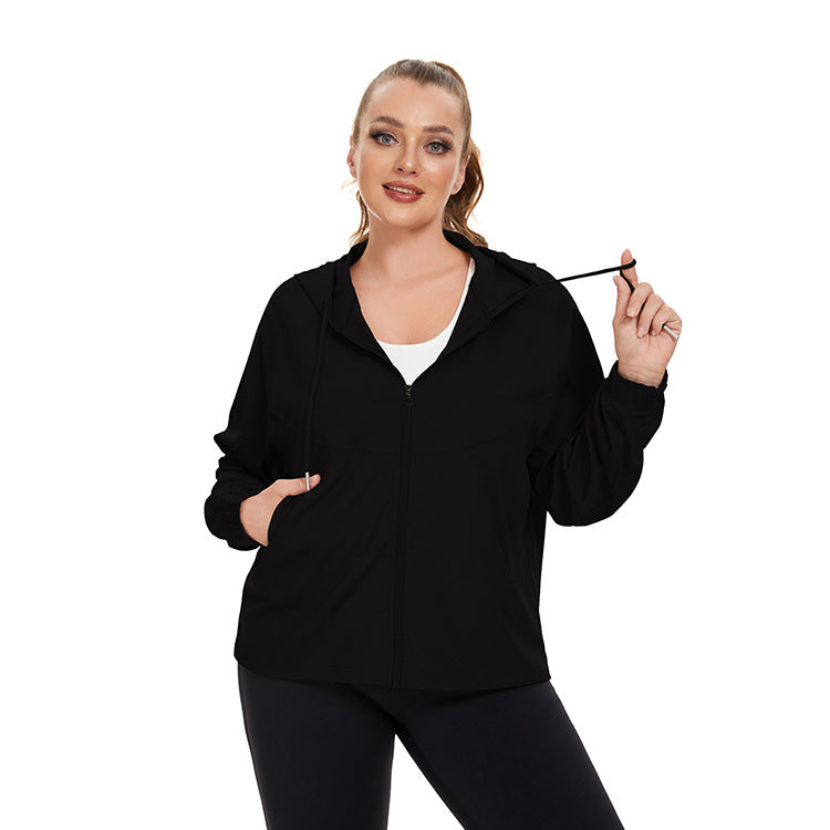 Wholesale Large Size Long Sleeve Quick Drying Loose Sun Protection Hooded Yoga Wear